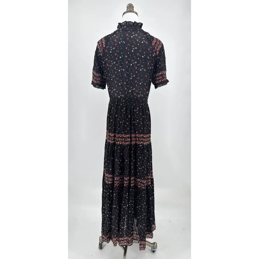 Free People Rare Feeling Black Floral Boho Pleated Tiered Maxi Dress Sz M